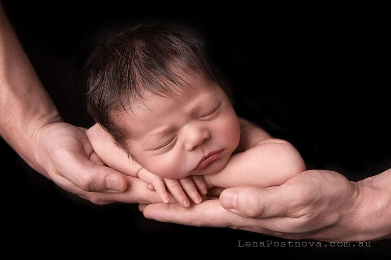 newborn baby boy posed in the dad's hands