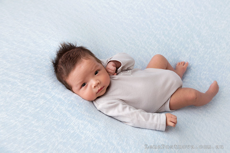 Newborn Baby Photography Sydney - awake long-haired newborn baby boy 