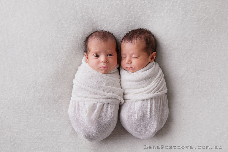 newborn twins in white wraps