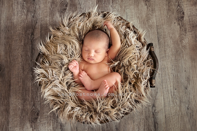Baby Photography Sydney North Shore-  Newborn Baby Girl curled up sleeping in the basket